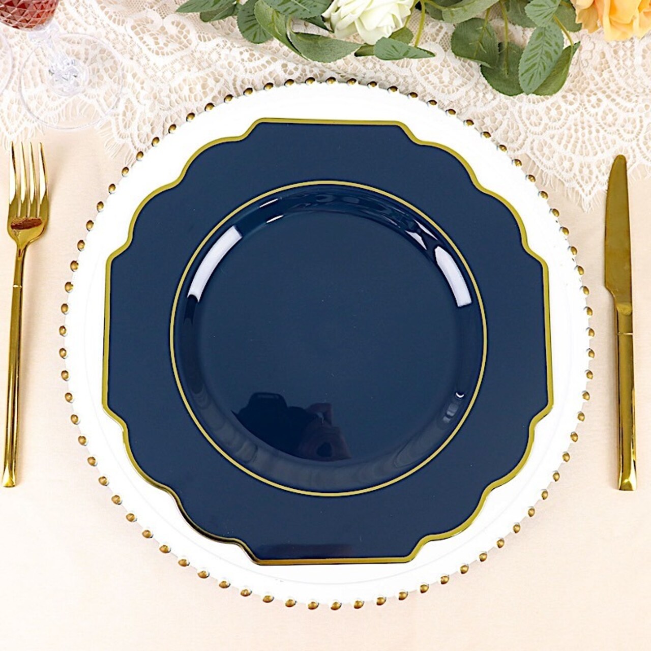 10 Pcs 12" Disposable Baroque Plastic Dinner Plates with Gold Rim
